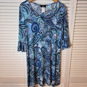 MSK Dress Women L Blue Paisley Midi 3/4 Bell Sleeve Stretch Knit Pullover USA